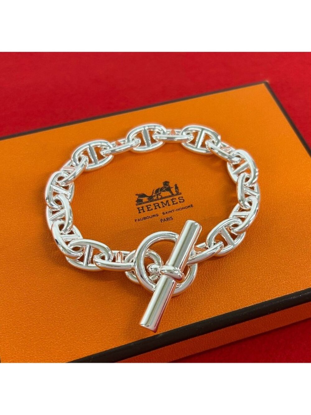 Hermes Chaine D'ancre MM 17 Links Bracelet 925 Sterling Silver Chain Bangle